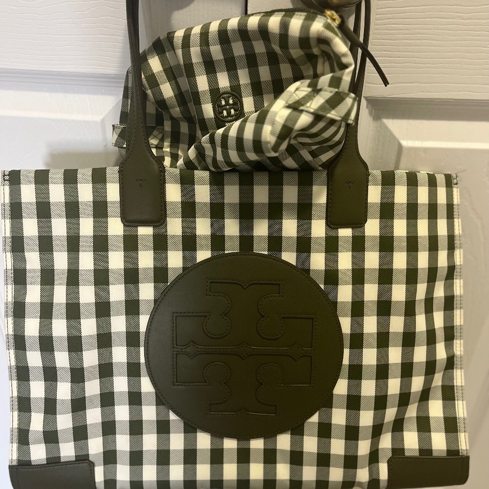 Tory Burch Gingham Tote with cosmetic bag